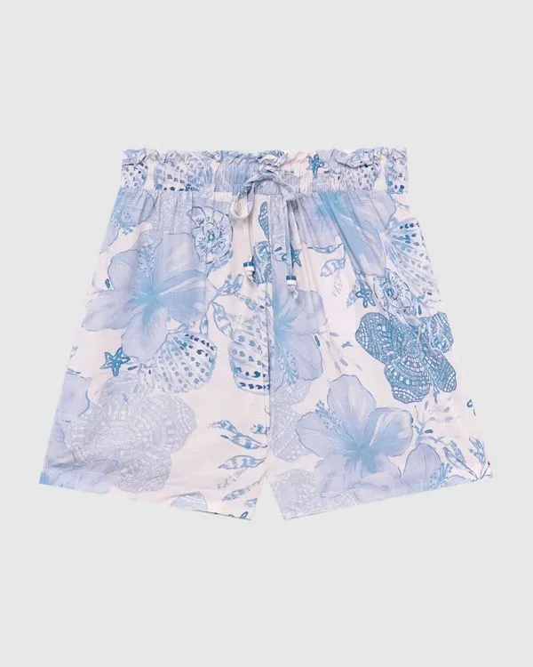 Shorts Feminino Estampa Floral Cós Elástico Em Viscose Azul - M