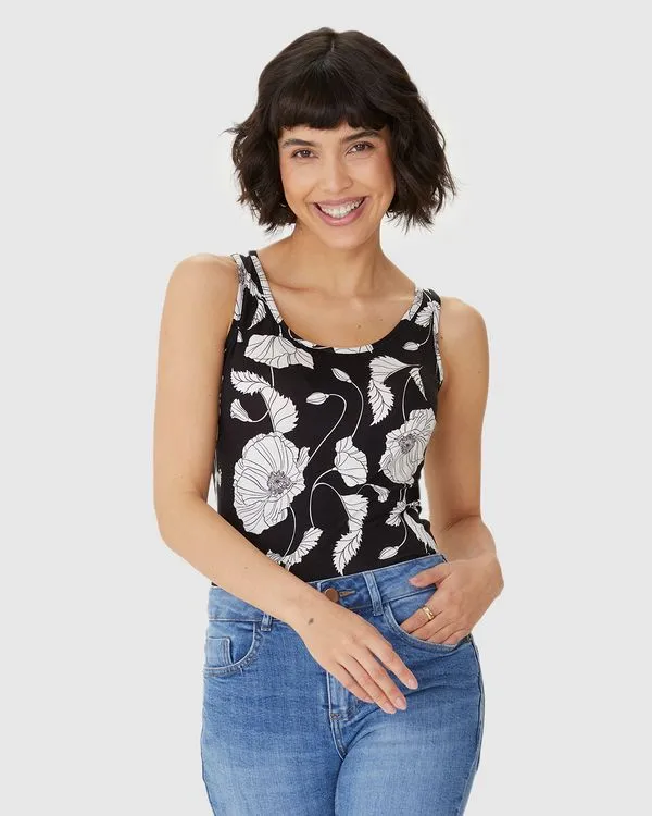 Regata Feminina Estampada Decote U Em Viscose Stretch Preto - P