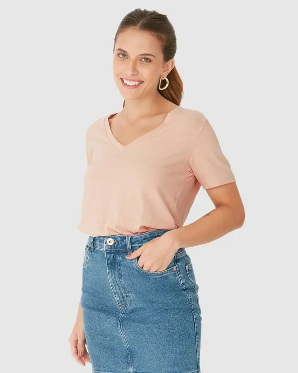 Blusa Básica Feminina Decote V Manga Curta Em Malha Linho Rosa - GG