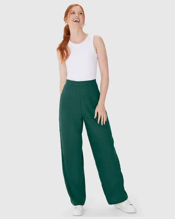 Calça Reta Feminina Cintura Alta Em Viscolinho Verde - PP