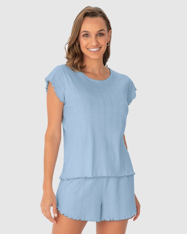 Pijama Feminino Costura Picot Em Malha Com Elastano Azul - M