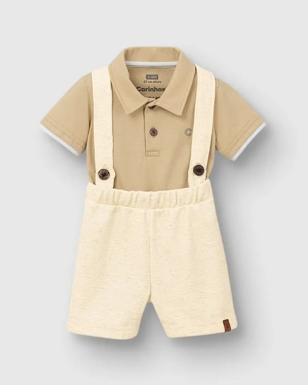 Conjunto Bebê Menino Camisa Polo E Bermuda Com Suspensório - Carinhoso Bege - 18M