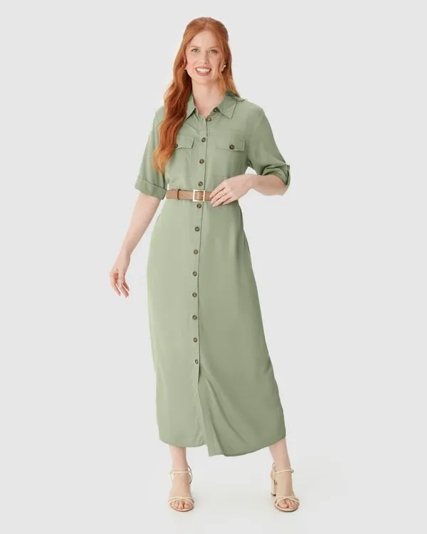 Vestido Midi Feminino Chemise Acompanha Cinto Em Viscose Sarjada Verde - GG