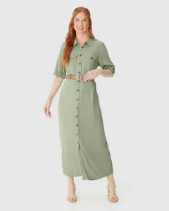 Vestido Midi Feminino Chemise Acompanha Cinto Em Viscose Sarjada Verde - GG