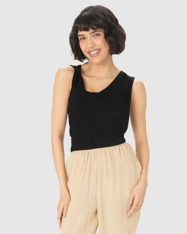 Regata Feminina Assimétrica Detalhe Torção Em Moletinho De Viscose Preto - G