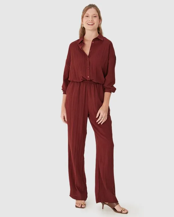 Calça Reta Feminina Bolso Faca Em Tecido Linho Vermelho - G