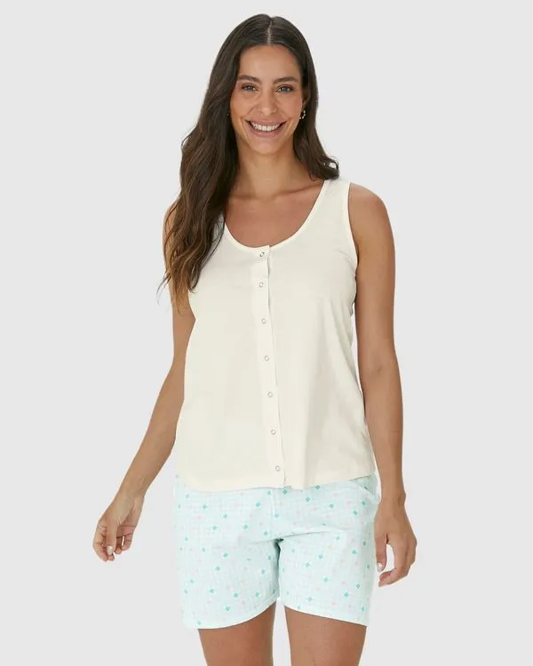Pijama Feminino Regata Com Abertura Frontal Em Algodão Off White - M