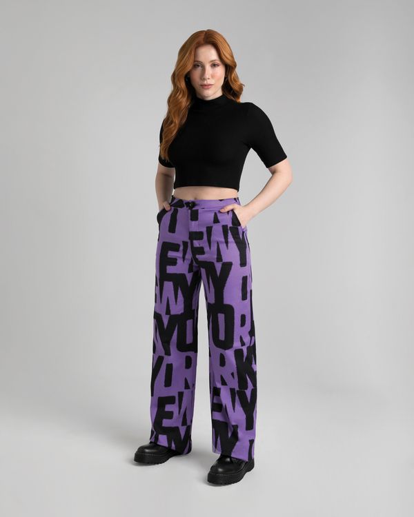 Calça Wide Leg Feminina Lettering Em Tecido Acetinado Com Elastano - ENFIM Roxo - G