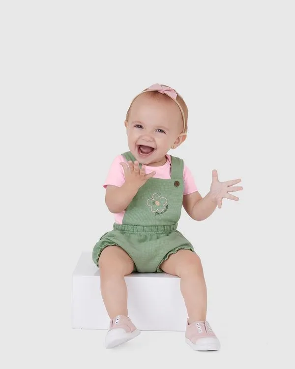 Conjunto Bebê Menina Body + Macaquinho Em Malha Texturizada Malwee Kids Rosa - 3M