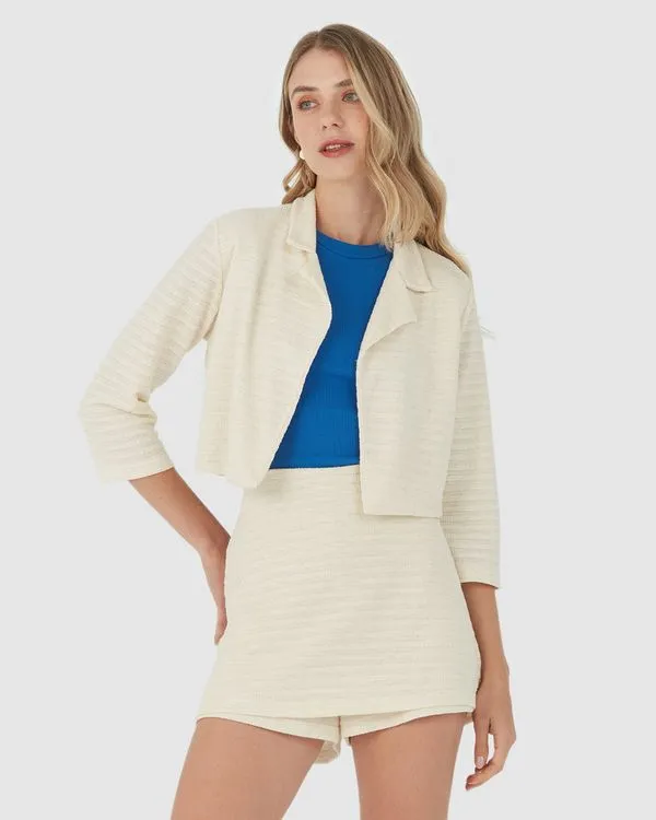Blazer Cropped Feminino Em Malha Tweed Off White - PP