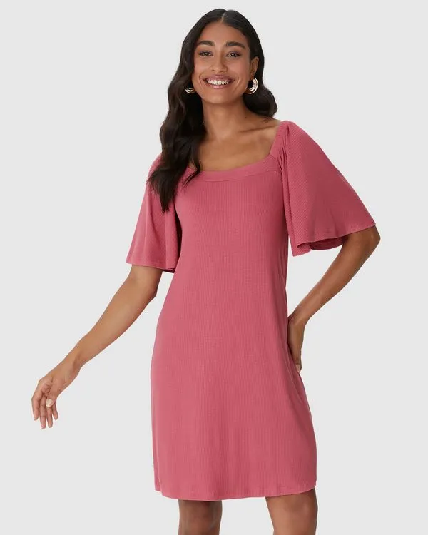 Vestido Feminino Decote Quadrado Manga Franzida Em Malha Viscose Canelada Rosa - GG