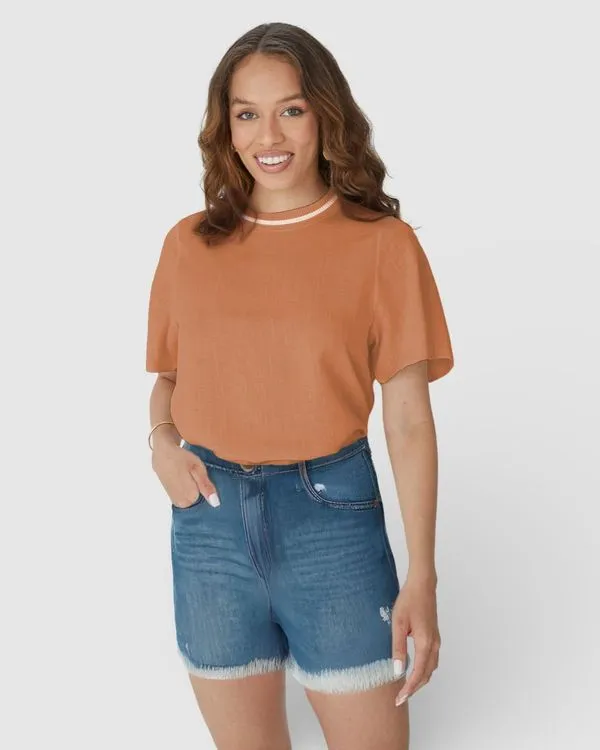 Blusa Ampla Feminina Gola Retilínea Em Viscolinho Texturizado Laranja - G