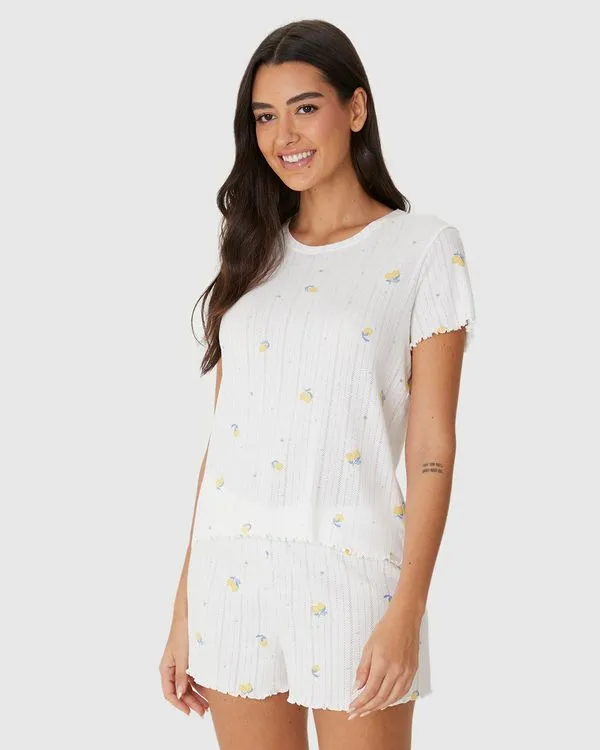 Pijama Curto Feminino Estampado Blusa Manga Curta Malha Jacquard Texturizada Off White - XGG