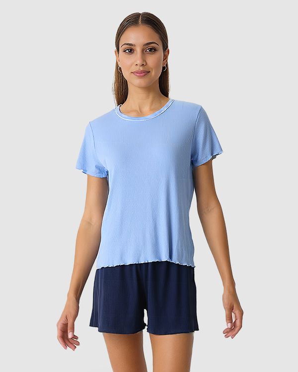 Pijama Curto Feminino Costura Filete Gola Em Malha De Viscose Canelada Azul - XGG