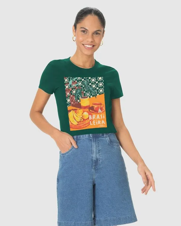 Camiseta Feminina Manga Curta À Brasileira Em Algodão Verde - M