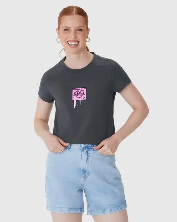 Camiseta Feminina Baby Look Estampa Bob Esponja Em Algodão Cinza - GG