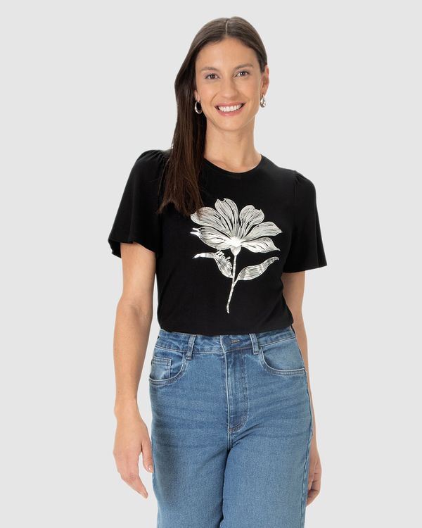 Camiseta Feminina Manga Curta Franzida Estampa Foil Em Viscose Stretch Preto - M