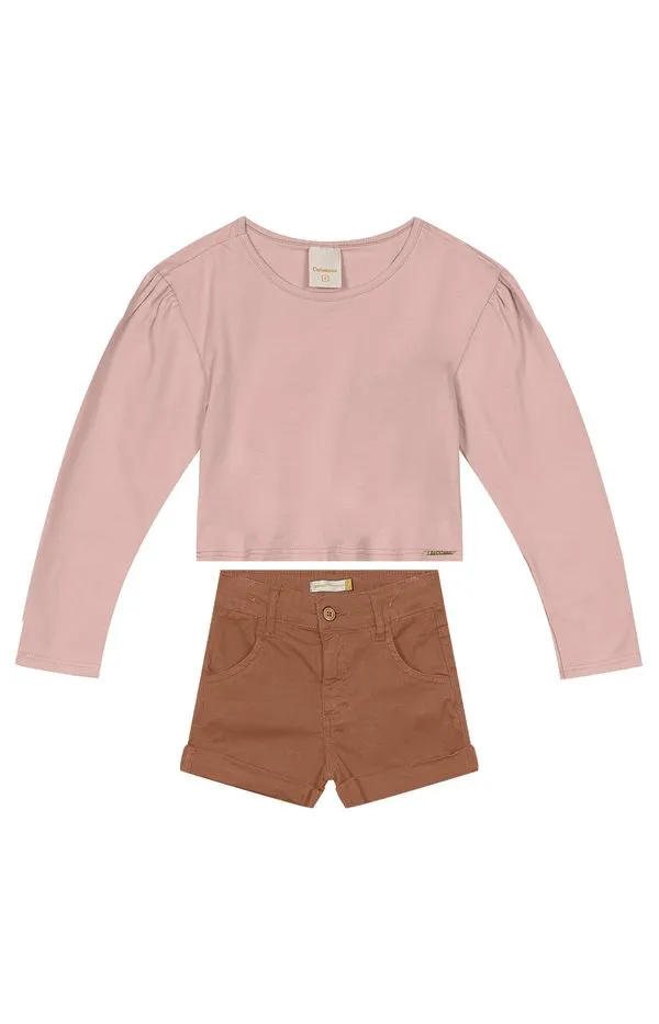 Conjunto Menina Blusa Manga Longa E Shorts Em Sarja Carinhoso Rosa - 6