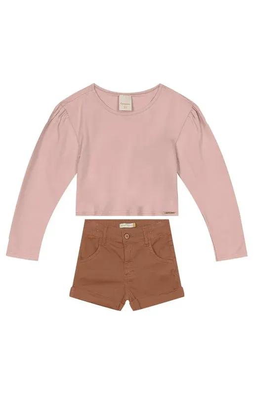 Conjunto Menina Blusa Manga Longa E Shorts Em Sarja Carinhoso Rosa - 14