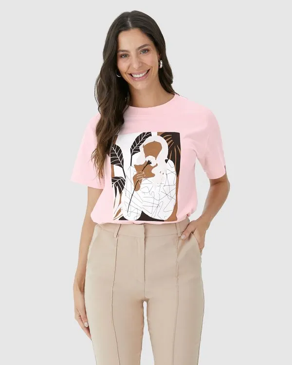 Camiseta Feminina Com Ilustração Em Algodão Rosa - P