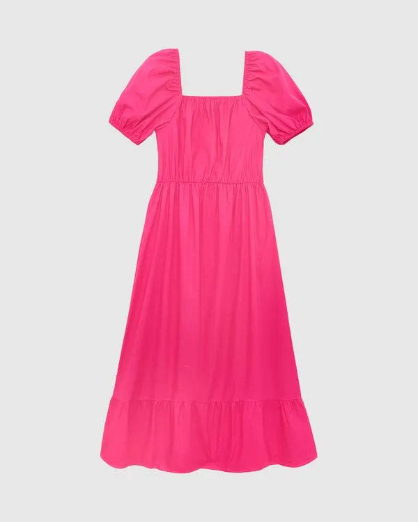 Vestido Midi Feminino Decote Com Elástico Em Tricoline Rosa - P