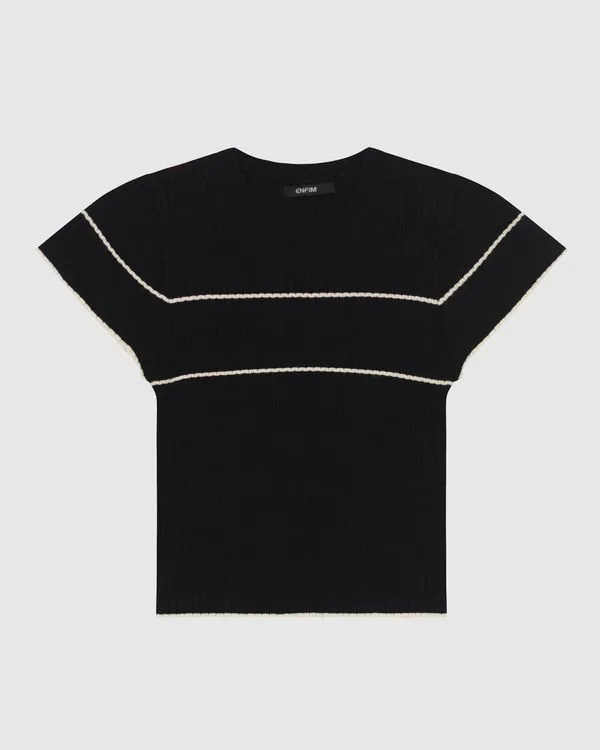 Blusa Feminina Listra Frontal Manga Fluída Em Tricô Canelado - ENFIM Preto - G