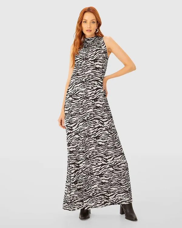 Vestido Longo Feminino Amplo Gola Alta Animal Print Em Viscose - ENFIM Off White - G