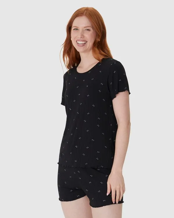 Pijama Curto Feminino Blusa Manga Curta E Shorts Em Malha Viscose Canelada Preto - GG