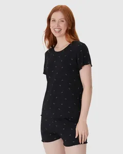 Pijama Curto Feminino Blusa Manga Curta E Shorts Em Malha Viscose Canelada Preto - GG