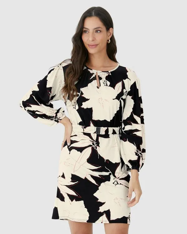 Vestido Amplo Feminino Manga Longa Com Cinto Em Viscose Stretch Preto - PP