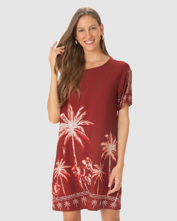 Vestido Feminino Reto Estampado Manga Curta Em Viscose Vermelho - G