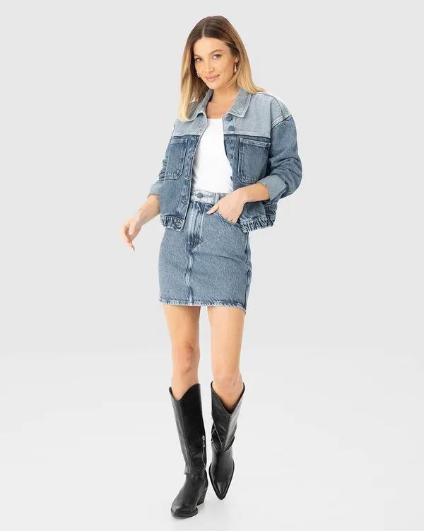 Saia Evasê Feminina Cintura Média Em Jeans 100% Algodão - ENFIM Azul - 46