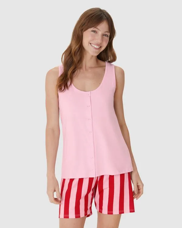 Pijama Curto Feminino Regata Abotoamento Frontal Em Algodão Rosa - XGG