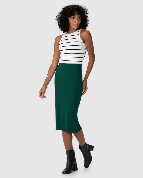 Saia Midi Feminina Em Malha Viscose Canelada Verde - P