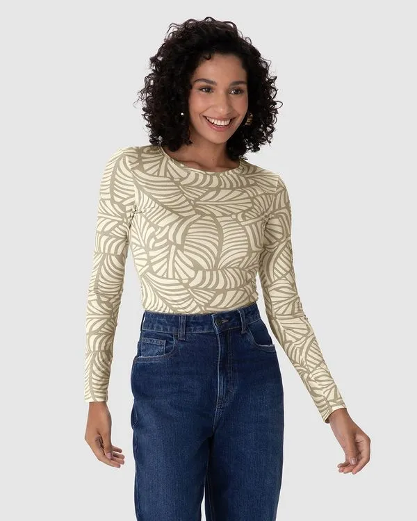 Blusa Feminina Estampada Decote Redondo Manga Longa Em Viscose Stretch Marrom - P