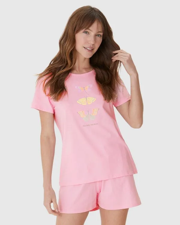 Pijama Curto Feminino Blusa Voa Leve Voa Livre Em Algodão Rosa - G