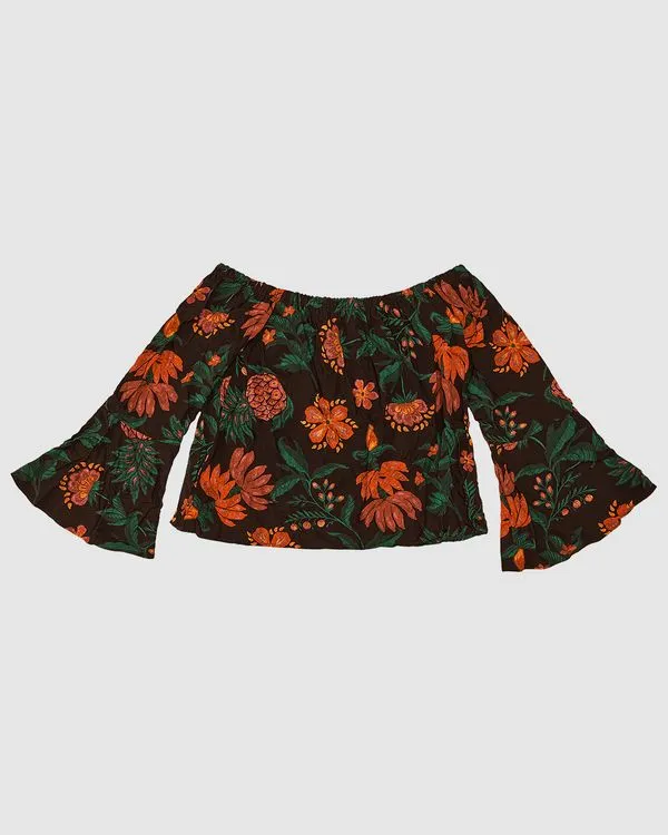 Blusa Feminina Manga Godê Floral Em Viscose Preto - M