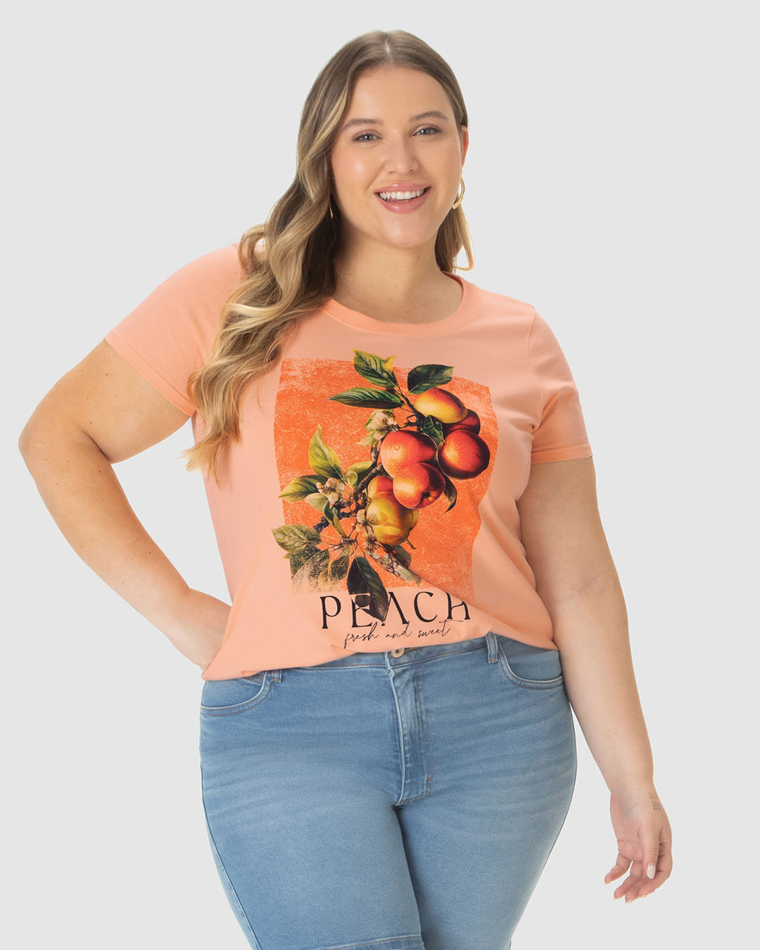 Camiseta Feminina Plus Size Peach Fresh And Sweet Em Algodão
