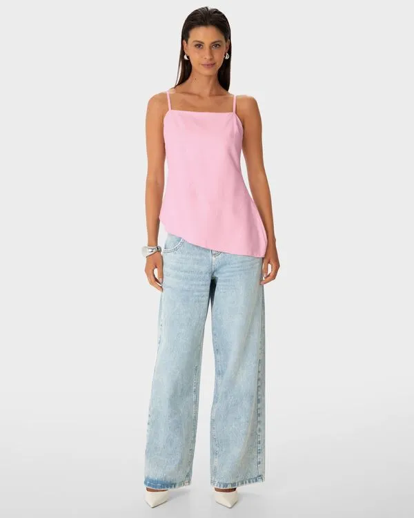 Regata Feminina Decote Reto Barra Assimétrica Em Crepe De Viscose - ENFIM Rosa - M
