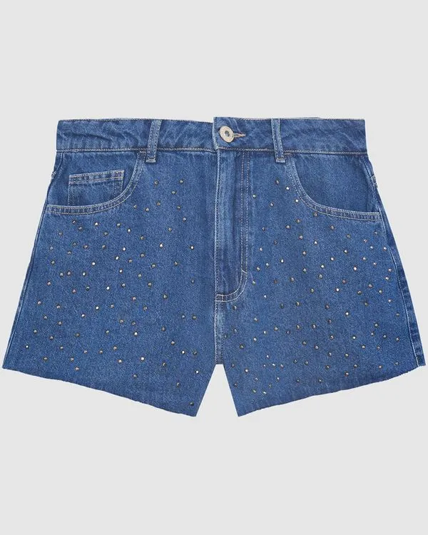 Shorts Feminino Cintura Média Com Strass Em Jeans 100% Algodão Azul - 48