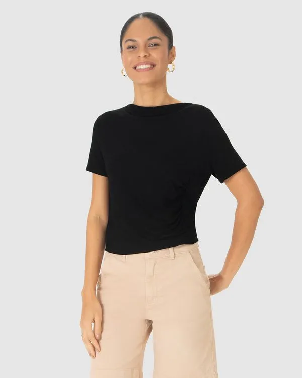 Blusa Reta Feminina Franzido Lateral Em Moletinho De Viscose Preto - GG
