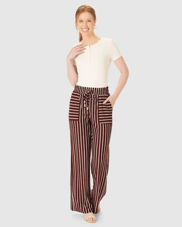 Calça Wide Leg Feminina Bolso Frontal Em Malha Viscose Listrada Vermelho - G
