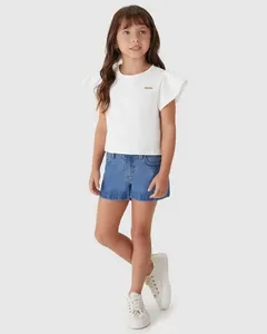 Shorts Menina Comfort Aplique Strass Em Jeans Com Elastano - Carinhoso Azul - 14
