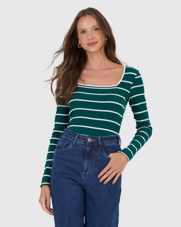 Blusa Feminina Justa Decote Quadrado Em Ribana Listrada Verde - G