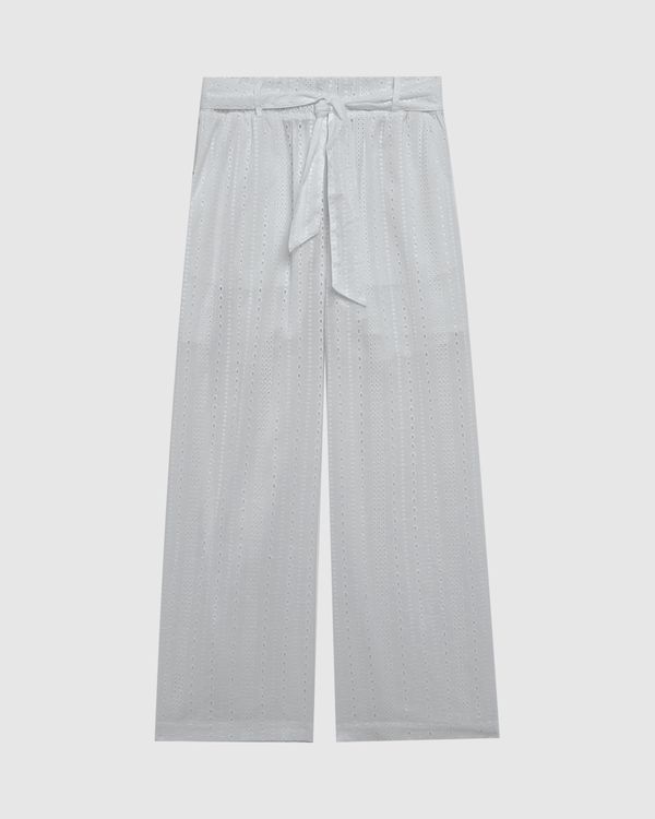 Calça Wide Leg Feminina Faixa Na Cintura Em Laise Branco - GG