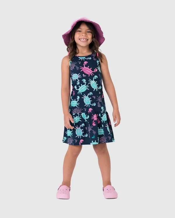 Vestido Infantil Barra Franzida Estampado Em Algodão Malwee Kids Azul - 14