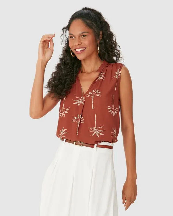 Blusa Feminina Evasê Decote V Sem Manga Em Viscose Marrom - M