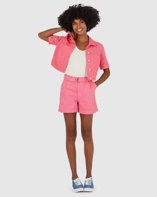 Bermuda Alfaiataria Feminina Com Cinto Em Sarja Rosa - 46