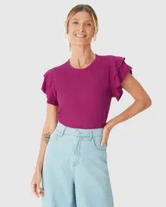 Blusa Feminina Manga Babados Em Malha Linho Roxo - G