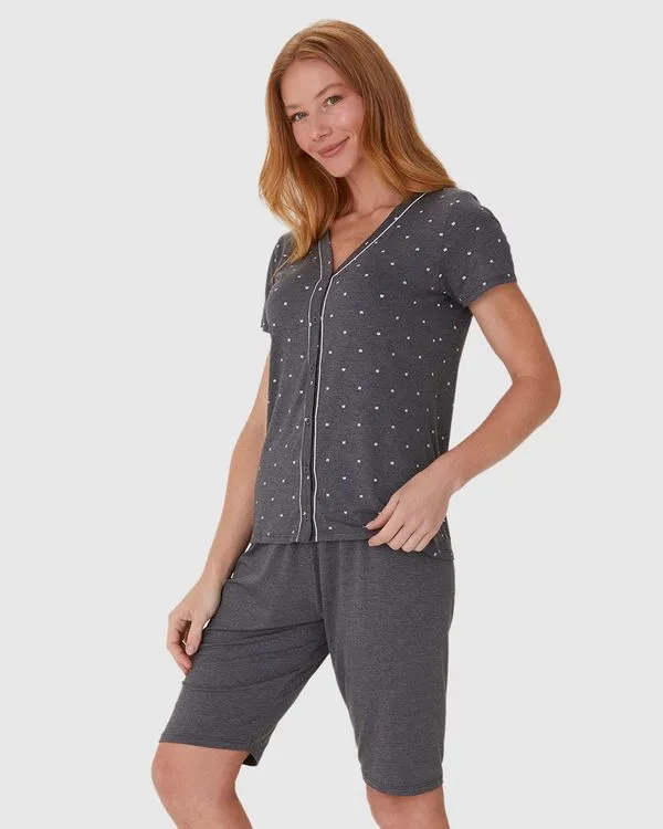 Pijama Feminino Camisa Estampada Com Abotoamento Frontal Em Viscose Stretch Cinza - GG